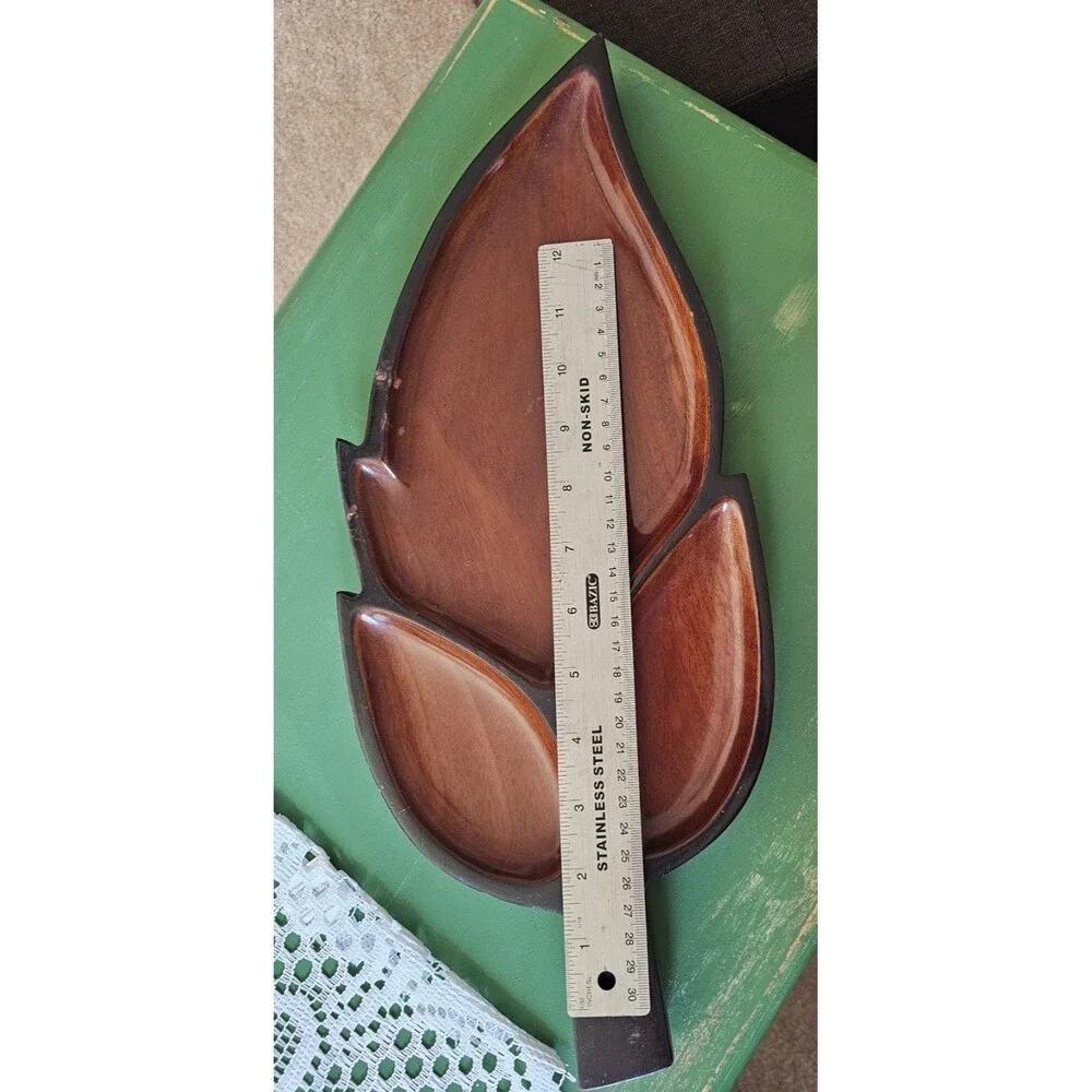 Vintage Wood Leaf Shaped Tray 3 Sections 16 Inches Long Made In Haiti